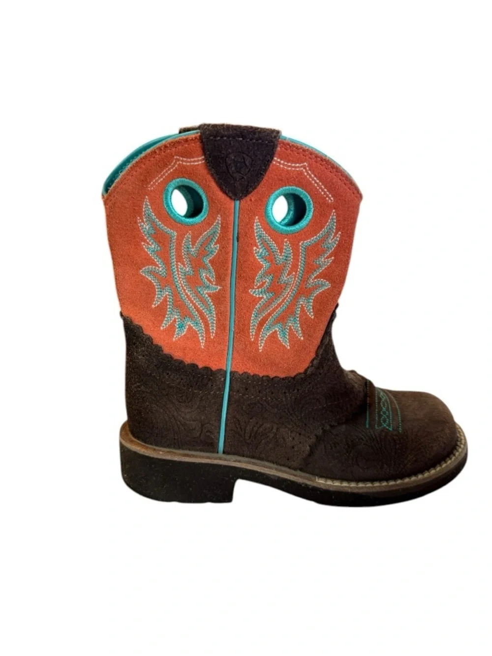 Ariat Kids Cowboy Boots Brown Leather Turquoise Embroidered Western 4LR Youth